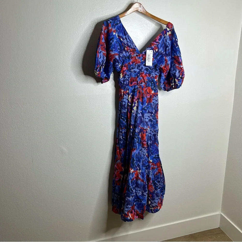 NWT Ro's Garden 100% Cotton Blue Red Floral Puff Sleeve Nieves Maxi Dress Small